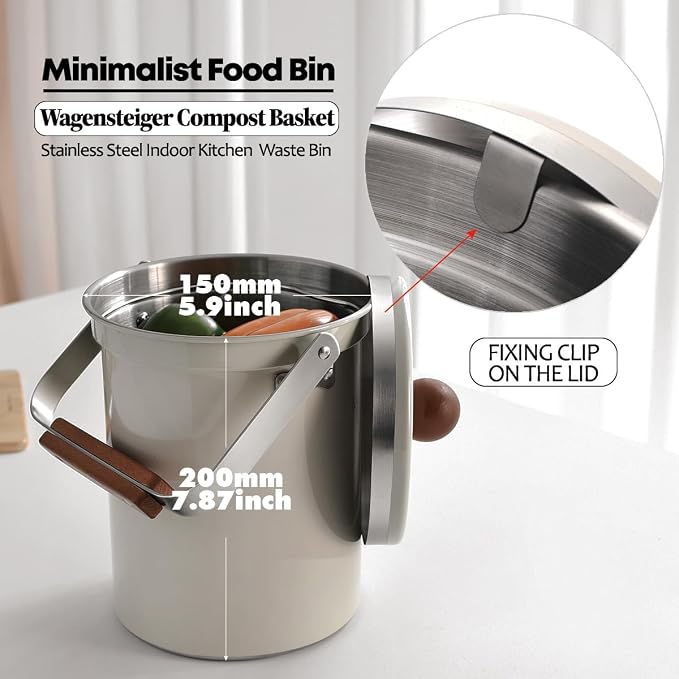 WAGENSTEIGER Kitchen Countertop Compost Bin 101ounces / 3Liters, Airtight Lid SUS304 Stainless Steel Odor-Free Food Waste Bin with Wooden Handle Stylish Design Bathroom Trash Can (Off-White)