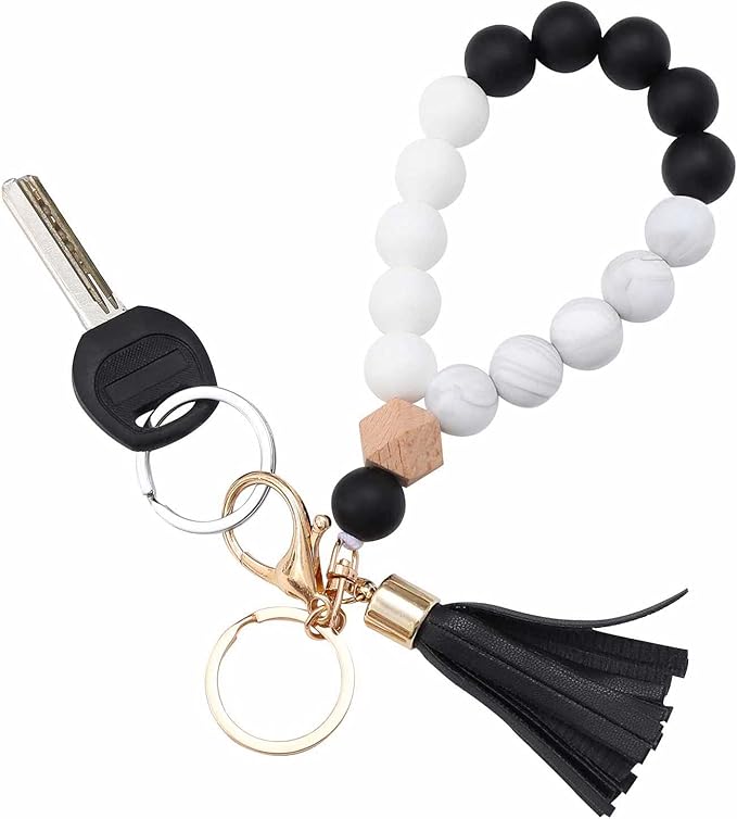 BAOSIWA Silicone Key Ring Bracelet Wristlet Keychain Unique Beaded Bangle Key Chains for Women with Leather Tassel