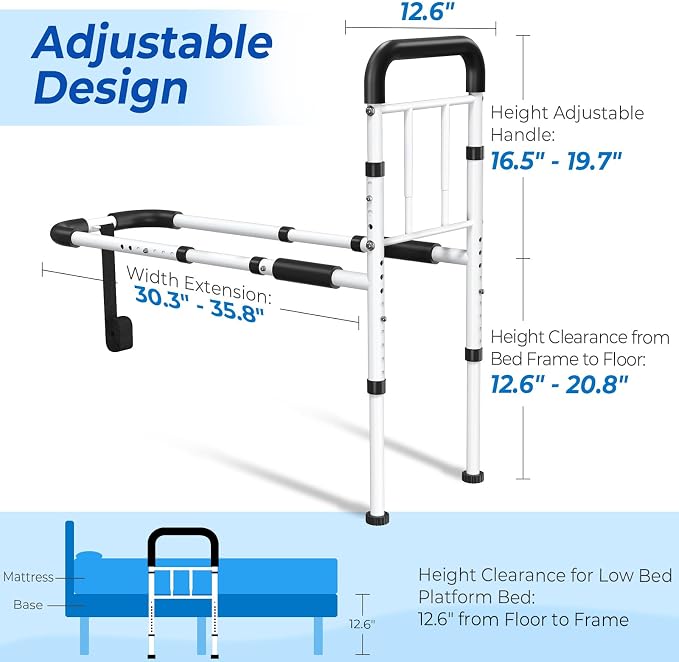 Bed Rails for Elderly Adults Safety - ASTM Approved, 350 LBS Capacity, Tool-Free Assembly, Non-Slip Ergonomic Handle with Storage Pocket, Safe Bed Rails for Seniors
