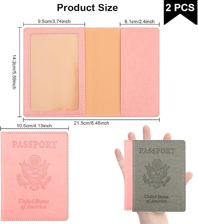 Passport Holder, Passport Cover, Passport Holder for Women, 2 Pack Travel Passport Wallet, Leather Passport Case, Passport Protector International Travel Must Haves Accessories, Grey+Pink