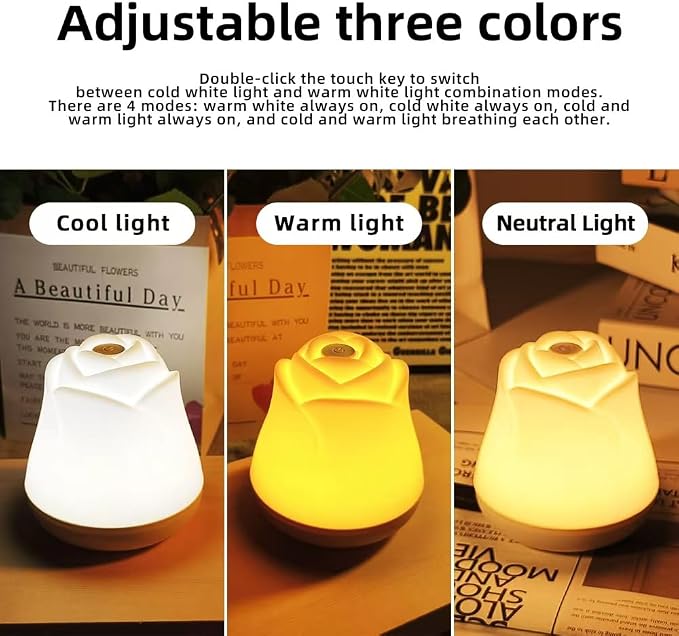 Rose Night Light for Bedroom, Touch Control LED Bedside Lamp, 7 RGB Colors, Portable Table Lights Gift for Men Women Teens Kids Children Sleeping Aid(2 Pack)