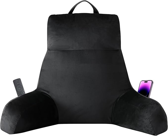 Reading Pillow with Arms for Adult, Back Pillow for Bed Sitting Up, Shredded Memory Foam Backrest Pillow with Pockets & Removable Washable Cover, Lounging, Watching TV, Reading(24inch Black)