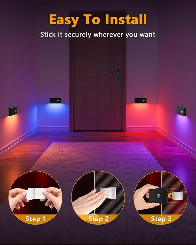 WILLED Motion Sensor Stair Lights Indoor Rechargeable(8-Pack) | RGB & Warm White Wireless Night Lights with Auto On/Off for Stairs,Bathroom,Hallway,Kitchen,Closet,Cabinet,Bedroom,Kids' Room