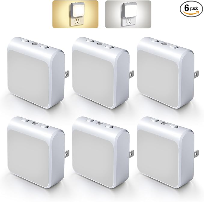 6-Pack Dimmable LED Night Lights Plug into Wall with Dusk to Dawn Sensor, 2 Color in 1 Plug in Night Light 30-60lm Brightness Adjustable, Auto-On/Off Nightlight for Bedroom, Kitchen, Bathroom, Hallway