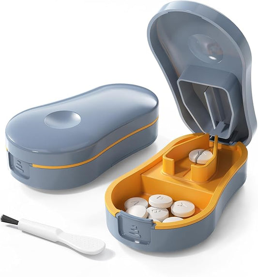 Pill Cutter Splitter for Small and Tiny Pills - 1/2 Accurately Cuts -Easy Open Snap Button.Wrap-Around Blade Guard Prevents Cuts. Detachable V-Shaped Pad. Back Storage(Blue)