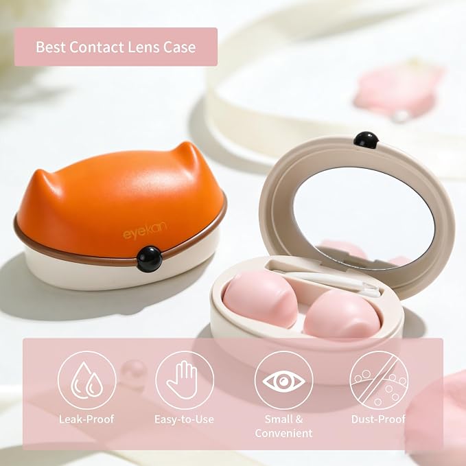 Contact Lens Case, 2 Pack Cute Fox Portable Eye Contacts Travel Box with Mirror Colored Lenses Applicator Remover Tool Kit Solution Bottle for Daily Makeup Office Outdoor (Pink+Orange)