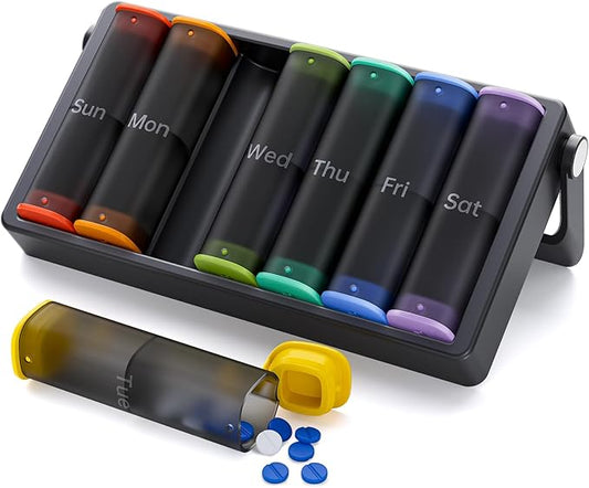 Weekly Pill Organizer 2 Times a Day, KOVIUU Large Travel Pill Box 7 Day, Am Pm Twice Daily Pill Case with Rotatable Handle, Pill Holder Container for Vitamin, Medicine, Supplement, Translucent-Black