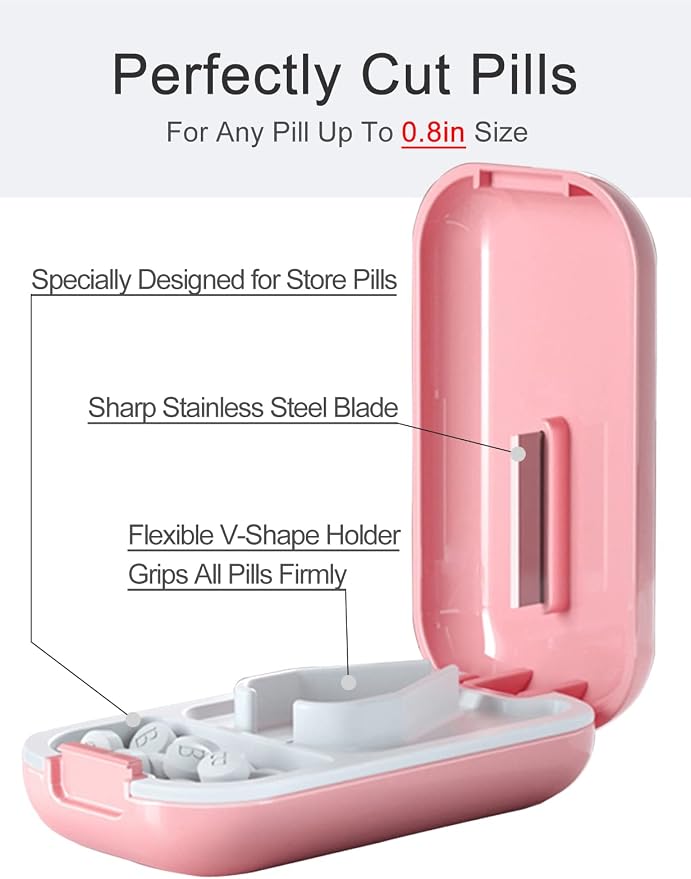 DUBSTAR Small Pill Cutter, Splitter for Small & Tiny Pills, Portable Pill Cutters for Large Pills, Cuts Vitamins & Tablets, 2 Compartments (2 PCS, Pink+Pink)