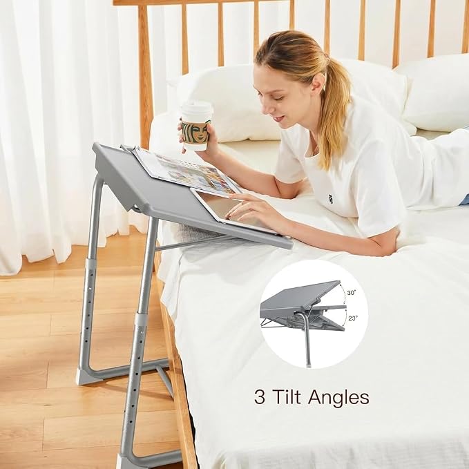 HUANUO Adjustable TV Tray Table - TV Dinner Tray on Bed & Sofa, Comfortable Folding Table with 6 Height & 3 Tilt Angle Adjustments (Gray)