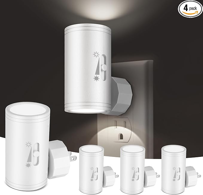 4 Pack LED Wall Plug-in Night Light with Dusk to Dawn Sensor, 5000K Daylight White, Dimmable 0-300LM, Adjustable Rotating Lamp for Bedroom, Bathroom, Kitchen, Hallway (Auto On/Off, Wall Outlet)