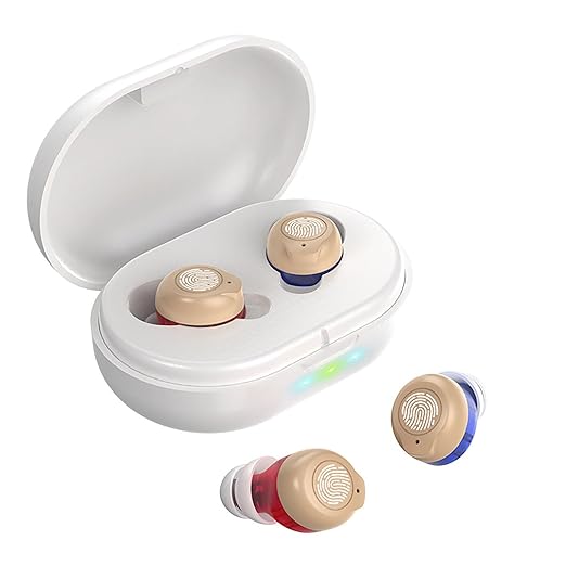 Nano Rechargeable Touch Hearing Aids for Seniors and Adults Severe Hearing Loss with Noise Cancelling，Easy Volume Control，Blue & Red Pair With Portable Charging Case，Suitable Gift for Elders (white)