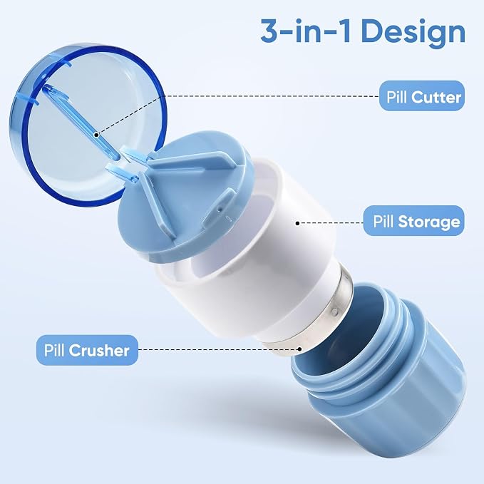 3-in-1 Pill Crusher, Pill Cutter Splitter & Pill Grinder with Stainless Steel Blade, Adjustable Pill Cutter for Small or Large Pills, Easy to Use, Travel-Friendly(Blue)