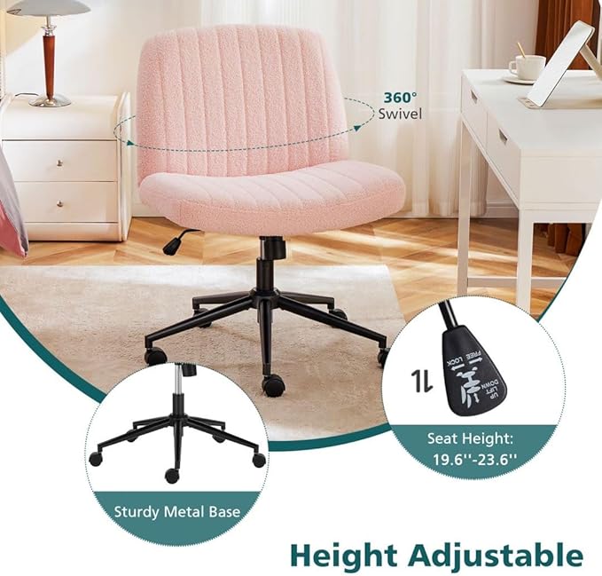 Criss Cross Chair with Wheels, Ergonomic Armless Swivel Comfy Vanity Seat, Wide Back Support and Adjustable Height for Home Office Bedroom Computer Gaming Makeup, Pink Velvet