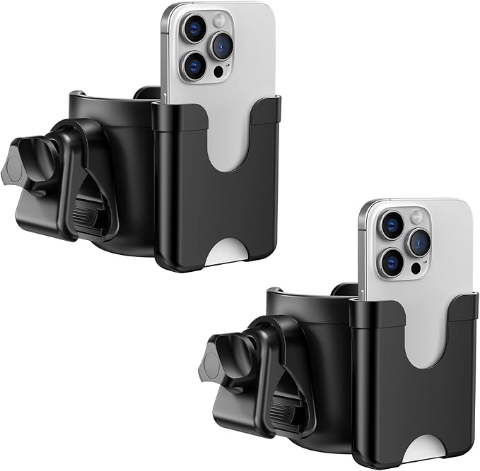 2 Pack Cup Holder for Walker: Stroller Cup Holder with Phone Holder Black | Wheelchair/Rollator/Scooter Stroller Accessories, Fits for Uppababy, Nuna, Doona, Baby Travel Essentials, Gifts for New Mom