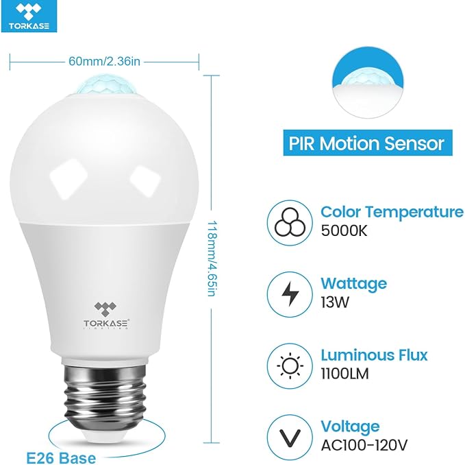 Motion Sensor Light Bulbs 13W (100W Equivalent), 3 Pack A19 E26 Motion Activated Dusk to Dawn LED Bulb, 5000K Daylight Security Light for Indoor Outdoor, Infrared Detector for Garage Porch Stairs