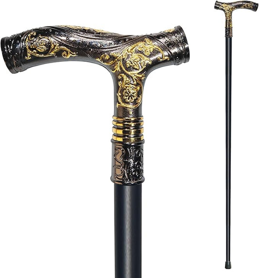 Walking Cane for Men & Women - 36.5 inch Heavy Duty 500+ lbs Capacity, Ergonomic Handle, Decorative & Ornate Fancy Design, Gothic & Goth Elegant Matte Black & Gold Artistry, Metal Cane