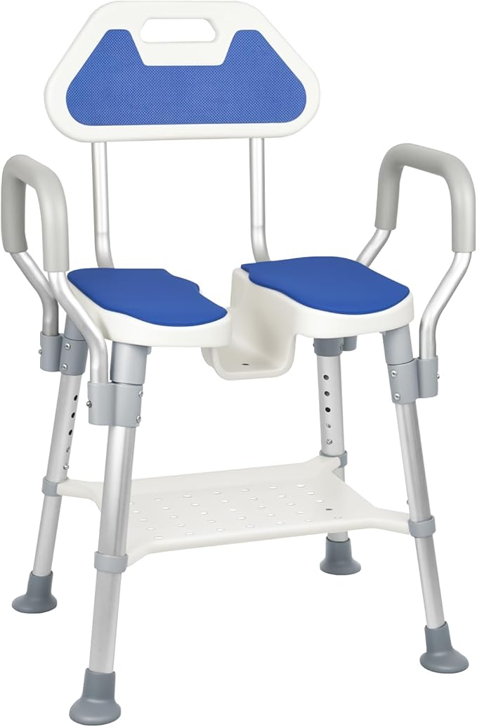 Shower Chair for Inside Shower, U-Shaped Heavy Duty Shower Chair for Elderly and Disabled, Bottom Storage Tray, 350Lbs Shower Stool with Arms and Back, Height Adjustable Seat for Bathtub