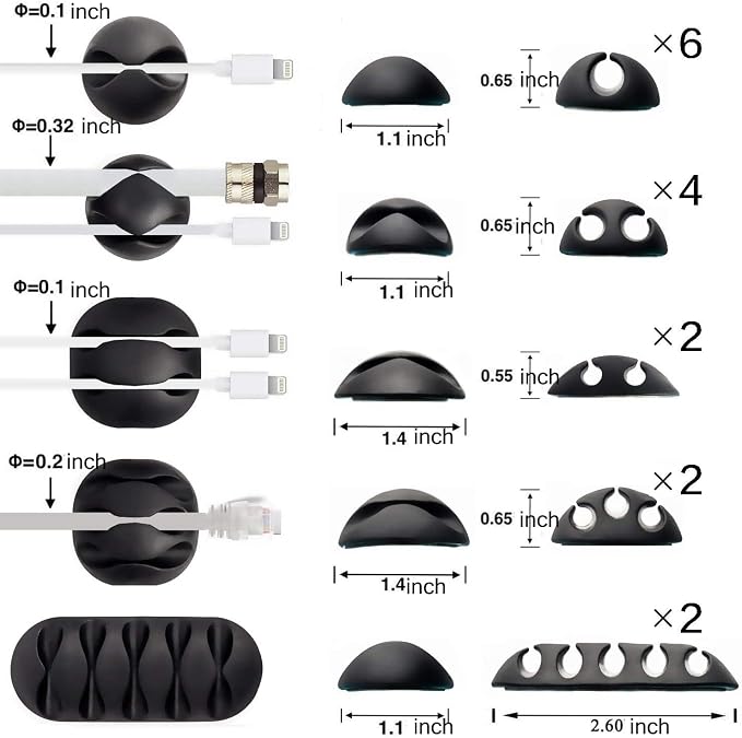 OHill 16-Pack Black Cord Organizer - Adhesive Cable Clips Holder for Desk, Wall, Car - Wire Management Clips for iPhone Charger, USB, Computer Cables -Cord Keepers with Strong Sticky Backing