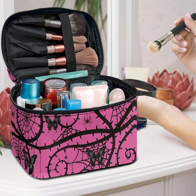 Spider Web Butterfly Make Up Bag Travel Cosmetic for Women, Gothic Black Thorn Large Makeup Accessories Organizer Essentials Toiletry Bags, Pink