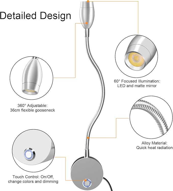 Wall Mounted LED Reading Light with 360° Flexible Gooseneck, Dimmable Bedside Reading Lights for Books In Bed, Plug In Headboard Night Lights, Eye-Caring, 3 Colors Temperature, Touch Control-2 Pack