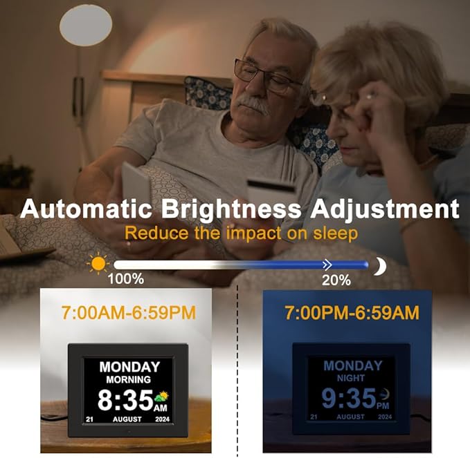 8‘’ Digital Calendar Day Clock, Gifts for People with Dementia Alzheimers, Large Display Alarms Clock for Seniors Electric Clocks with Date Day of Week 12 Alarms 4 Colors Auto DST/Dimmer