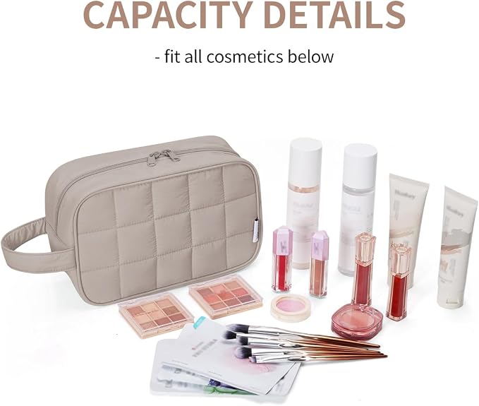 Narwey Quilted Makeup Bag Puffy Make up Bag Cosmetic Bag Organizer, Puffer Travel Toiletry Bag for Traveling Women Girl, Travel Bag for Toiletries, Skincare Medicine Bags (Khaki)