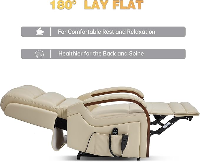 Trustyue Power Lift Recliner Chair, 180° Lay Flat Recliner, Lift Chair with Massage and Heat, Standing Assistance, Infinite Position Reclining, Living Room Chair for Elderly People(Faux Leather Beige)