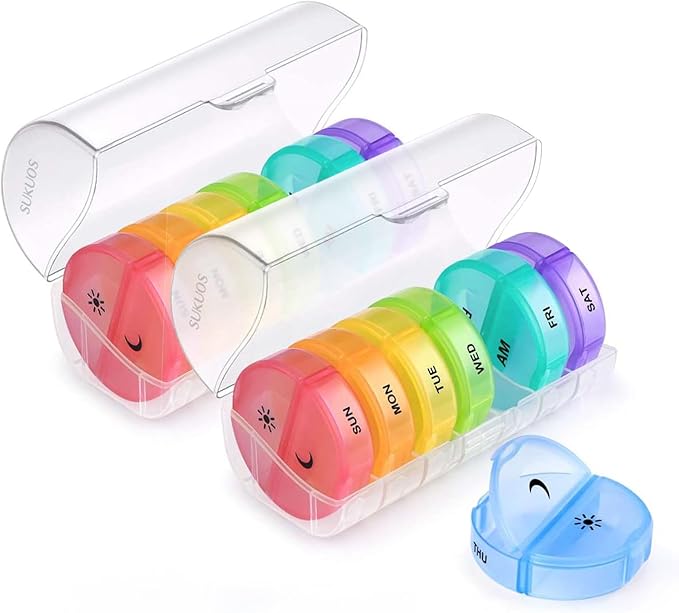 Sukuos Large Weekly Pill Organizer 2 Times a Day, Daily Pill Box 7 Day Easy to Open, Double Protection Medicine Case for Vitamin/Fish Oil/Supplements, Clear (2 Pack)