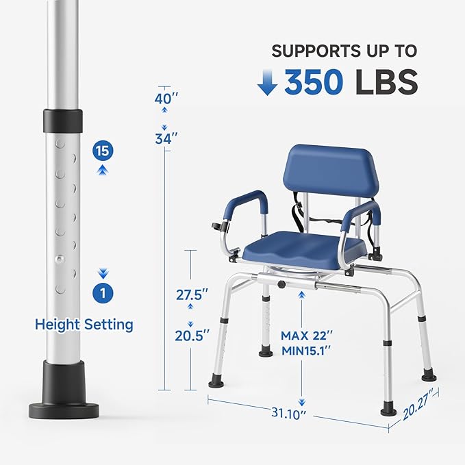 Sliding Shower Chair Tub Transfer Bench with Swivel Seat, Premium Padded Seat and Backrest, Pivoting Arms, Height Adjustable for Tubs, Inside Shower, for Handicap & Seniors，350 Lbs