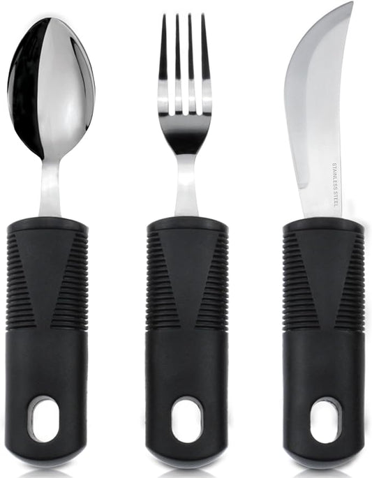Vive Adaptive Utensil Set - Arthritis Aid Silverware for Parkinsons, Hand Tremors - Easy Grip for Shaking and Trembling Hands - Heavy Stainless Steel Spoon (Regular)