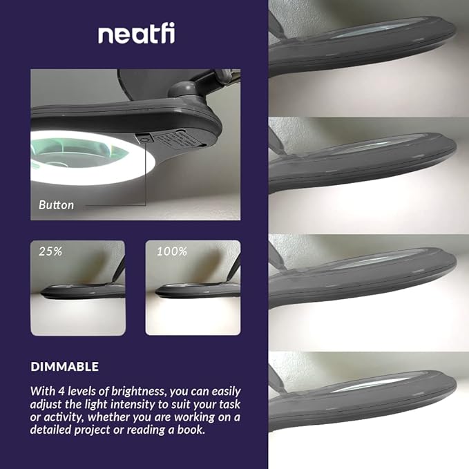 Neatfi (New Model Bifocals 1,200 Lumens Super LED Magnifying Lamp with Clamp, Dimmable, 60 Pcs SMD LED, 5 Inches Diameter Lens, Adjustable Arm Utility Clamp (5 Diopter + 20 Diopter, Silver)