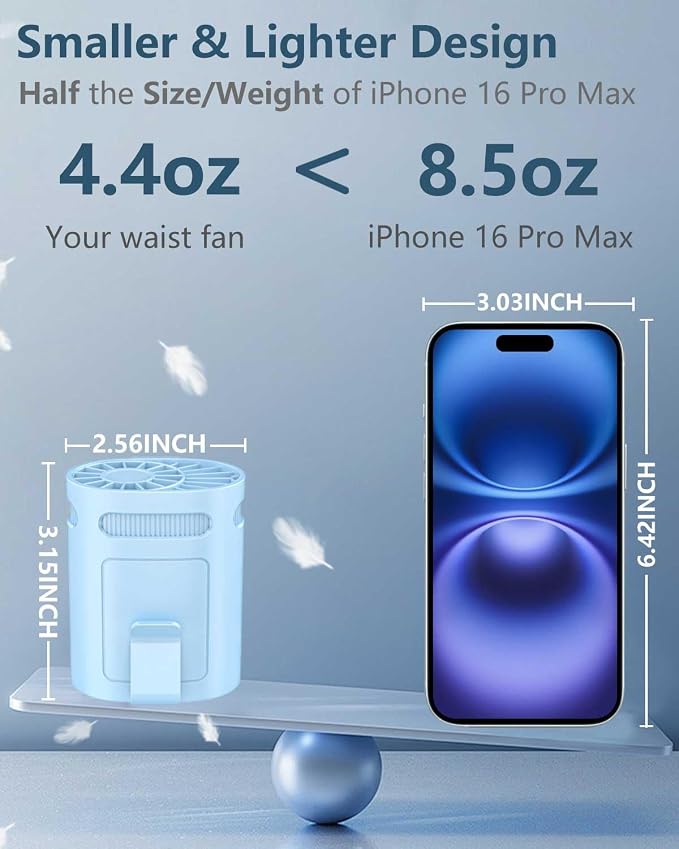 Belt Fan Clip On Waist Portable Cooling Fan-Small Lightweight Person Chargeable Strong Airflow Handsfree Neck Fan Neckband,Blue Inside T Shirt Fans that Blow Cold Air for Construction Workers Children