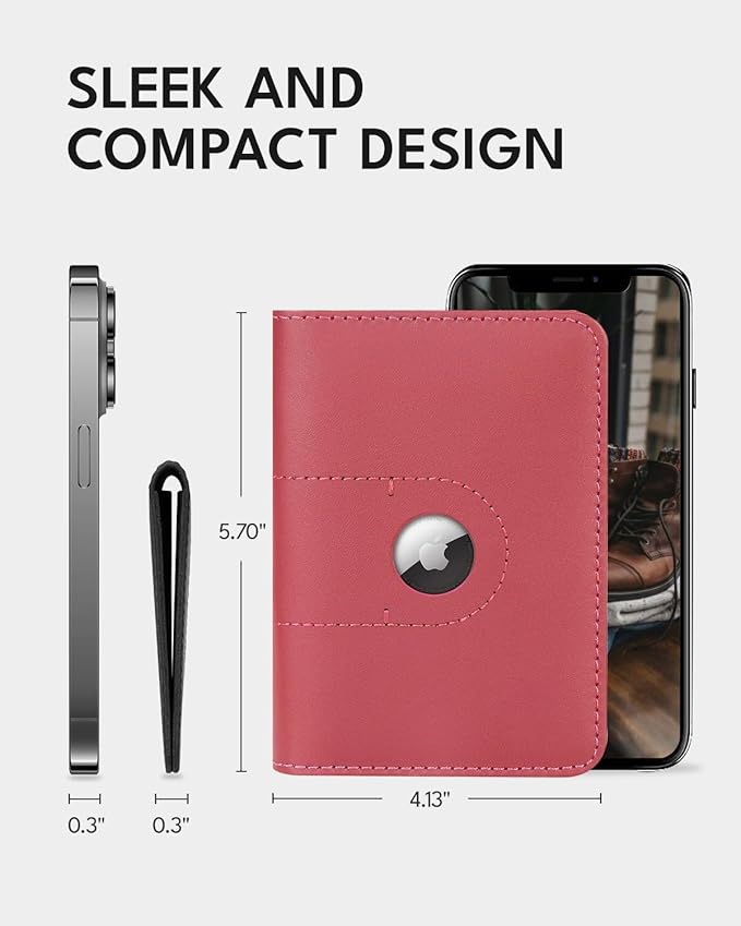 ALLIVE Passport Holder for Travel, Genuine Leather Passport Holder with AirTag Slot for Women and Men, Passport Cover Wallet Travel Must Haves Airport Essentials,Travel Gifts, Pink