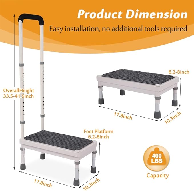 Step Stool with Handle for Elderly Adults, High Beds Steps Heavy Duty Metal Stepping Stool Mobility Aids Stand Assist, Medical Adjustable Bariatric Step Stool for Kitchen, Bedside, SUV, Bath - 400 lbs