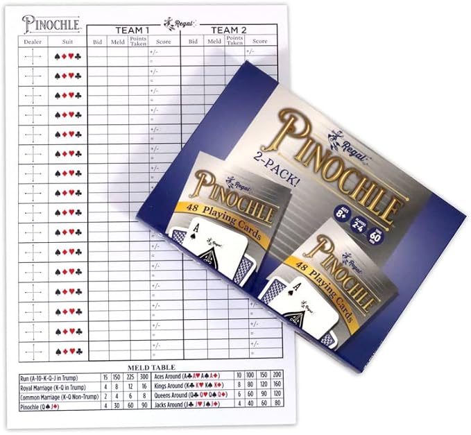 Regal Games Pinochle Playing Cards 2 Pack - Adult Card Game Set with Score Sheets & 2 Deck of Pinochle Cards - Family Fun Game Night - Ideal for 2-4 Person