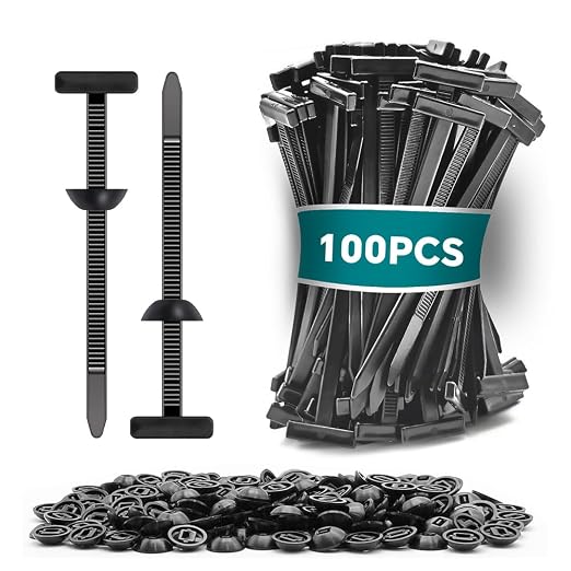 Nylon Universal Cable Tie Buckle, Zipper Clips for Cars, T Style Zip Ties Button Fixion Tools, Automotive Plastic Rivet Push Pin, Auto Body Parts Trim, Bumper Retainer Fender Liner (Black 100PCS)