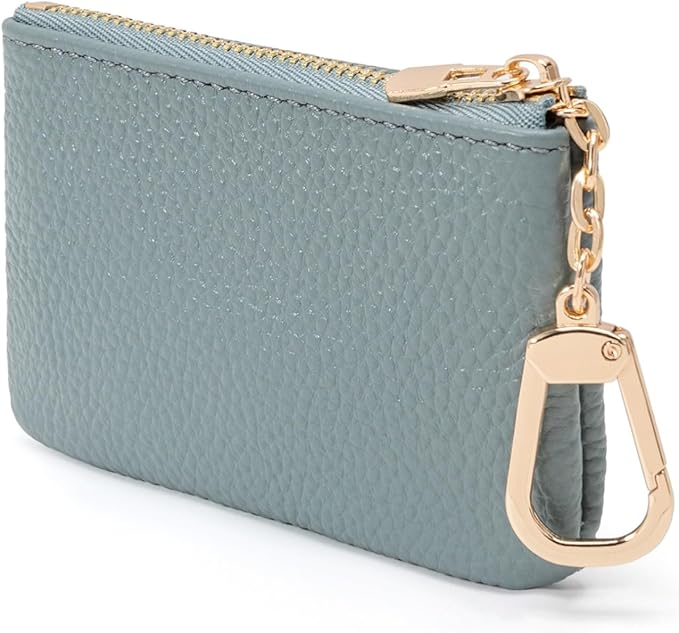 Full Grain Leather Coin Purse with Key Chain - Small Change Purse Keychain Card Holder Keychain Pouch Small Keychain Wallet for Women and Men (Powder Blue)