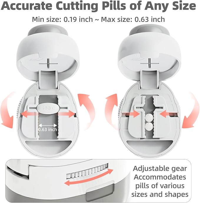 Pill Cutter Splitter with Storage Box, Adjustable Vertical Press Pill Splitter for Small/Tiny Pills Vitamins Tablets, 1/2 & 1/4 Precise Cutting, Hidden Sharp Blade, Multi-Pill Cutting(Off-White)