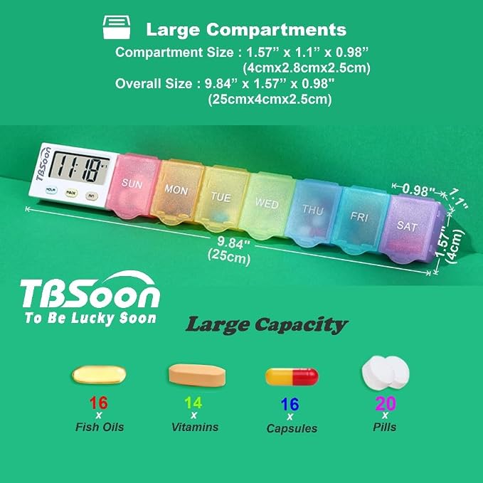 [4 in 1] 7 Day Medicine Pill Organizer+5 Reminder Alarms+Timer+Clock,Large Compartment,Loud Sound,Large Screen,Moisture-Proof,Dust-Proof,Travel Weekly/Daily Pill Box/Organizer/Case/Container/Dispenser