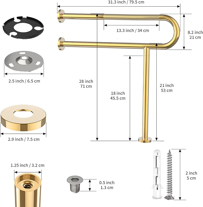 Toilet Support Rail 31.3X 31.5 Inch, Munzong Anti-Slip Gold Handicap Grab Bar for Bathroom, Stainless Steel Knurled Safety handrails with Leg for Elderly Disabled Pregnant-1.25’Tube
