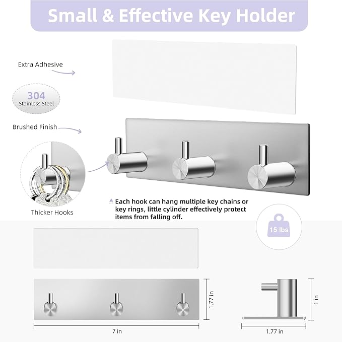 VIS'V Key Holder Wall Mount, Small Adhesive Key Hanger with 3 Hooks, Silver | Metal Material, No Drilling, Extra Adhesive Strip, Suitable for Entryway, Hallway, Doorway, Kitchen, Garage, Camper