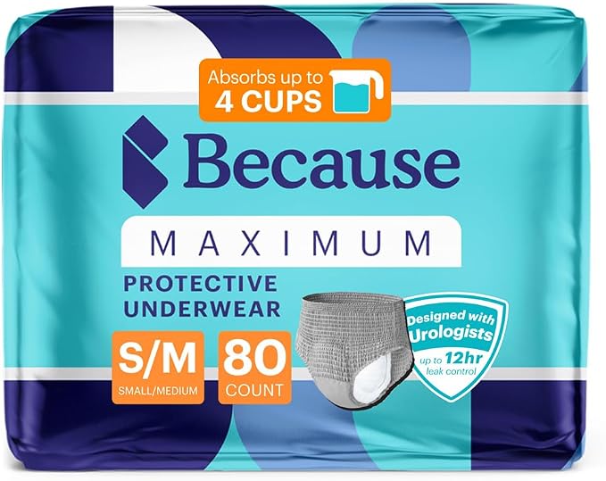 Because Maximum Incontinence Underwear for Men - Heavy Bladder Leak Protection, Ideal for Overnight Leakage, Sleek, Invisible Fit, Grey, Small/Medium -Absorbs 4 Cups - 80 Count (4 Packs of 20)