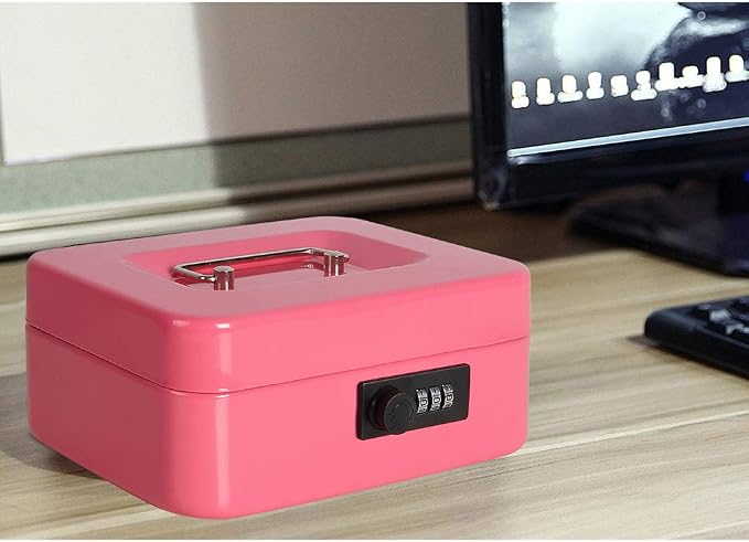 Jssmst Medium Cash Box with Combination Lock - Durable Metal Cash Box with Money Tray Pink,7.87 x 6.3 x 3.35 inches,CB0704M