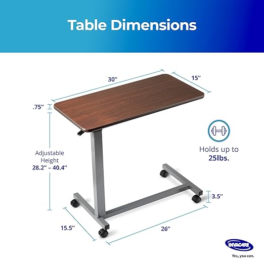 Invacare Bed Table, Height Adjustable Overbed Table, Hospital Bedside Table, Medical Rolling Desk with Wheels, Waterproof Medical and Home Use L-Shaped Steel Base Over Bed Tray Table