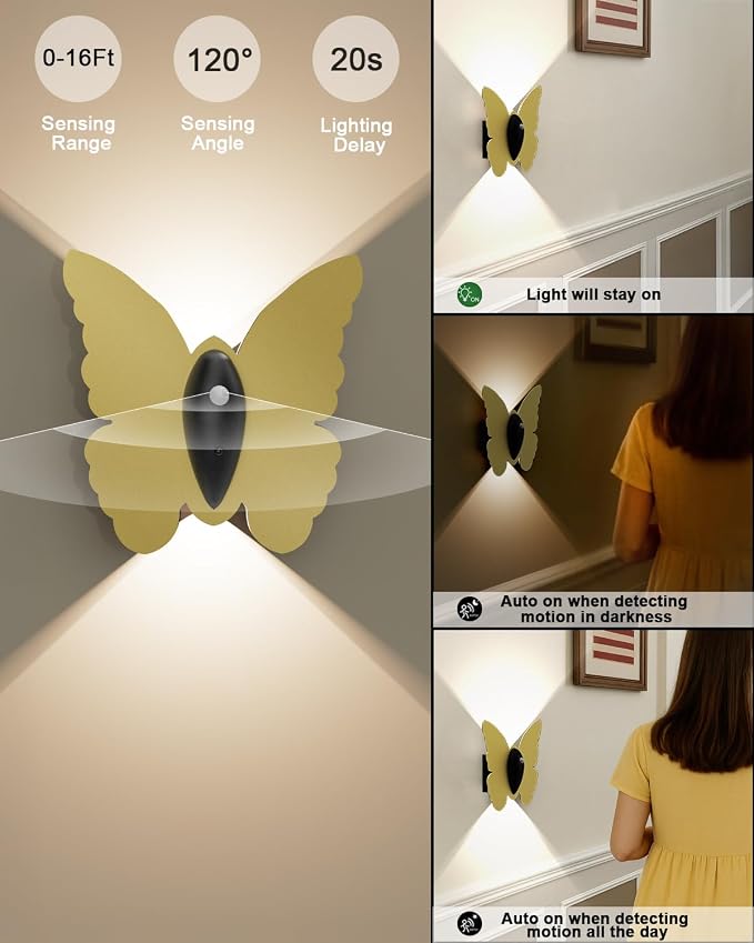 Eneru Motion Sensor Wall Sconce Set of 2, Rechargeable Wall Lights, Indoor | 5000mAh Battery Operated Wall Sconces, Motion Activated, Magnetic Butterfly Night Light for Hallway Stair Closet Pantry, Gold