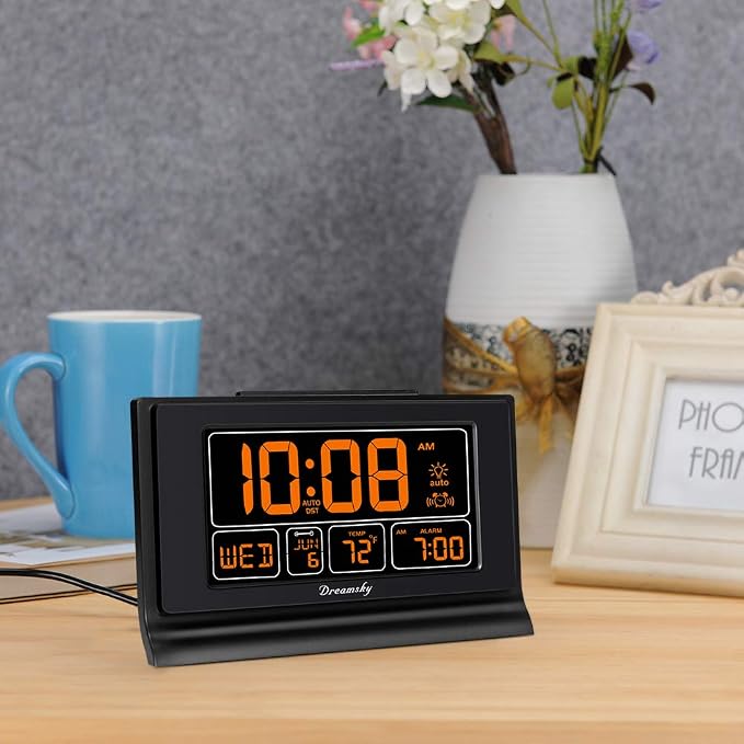 DreamSky Digital Alarm Clock with Battery Backup, 5 Inch Large Display, Auto Set Clock, USB Charging Ports, 12/24H | Digital Clock with Date & Day of Week, 5 Inch Large Display, Weekday, Temperature, USB Port, Auto DST, Brightness Dimmer