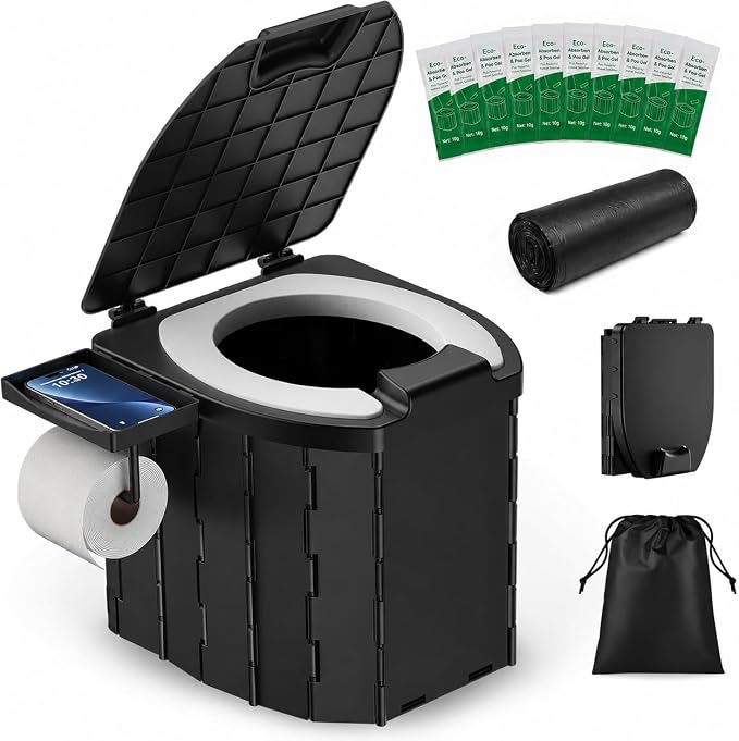 Portable Toilet for Adults, Foldable Camping Toilet Travel Floding Potty with Lid & Paper Holder, Upgrade Water Barrier,Compact Lightweight Design for Car/RV/Hiking/Beach/Camping,450lbs Capacity