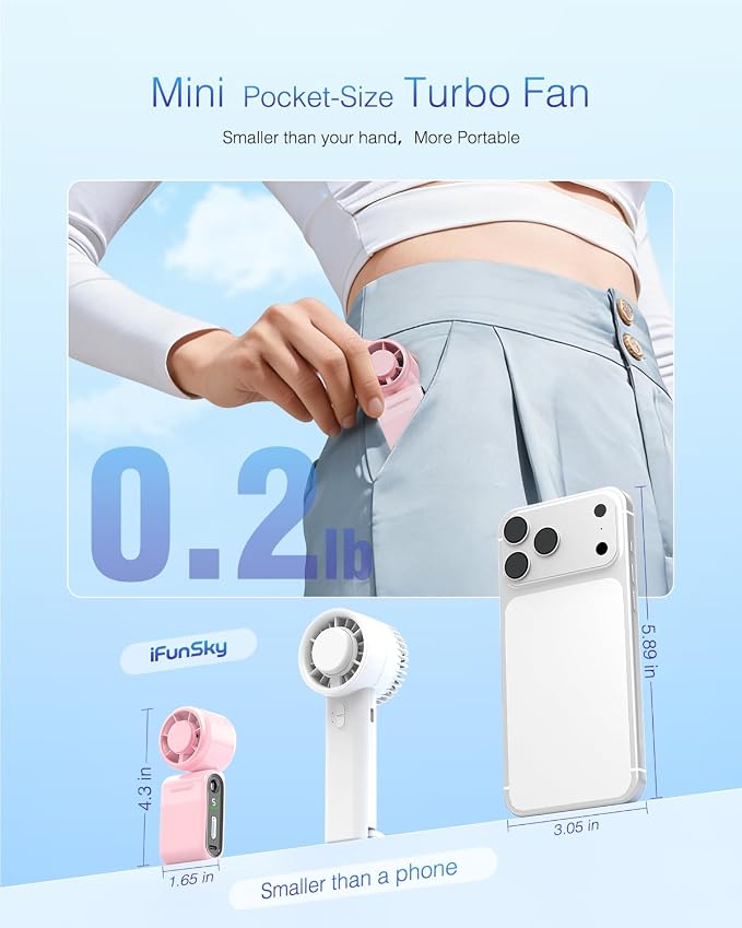 Mini Portable Handheld Turbo Fan – Small but Mighty, Whisper-Quiet, Long-Lasting, 5-Speed High-Velocity Rechargeable battery Fan, Personal Fan for Outdoor, Travel, Gifts for Women & Men(Pink)