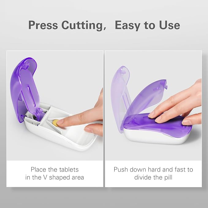 Pill Cutter Splitter for Small and Tiny Pills, Pill Cutter for Cutting Vitamins Tablets in Half, Pill Splitter with Blade Guard, Purple