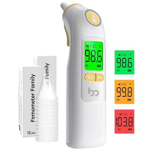 Femometer Family Ear Thermometer for Adults and Kids, Yellow | 1s Fast Accurate Reading, 30-Memory Recall, 3-Color Fever Alert, ℃/℉ Switchable, Silent Mode, with 24 Disposable Probe Covers
